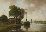 Dutch river landscape with hay barge and windmill by Adriaan Marinus Geijp, oil on canvas, sold Mar 2022