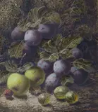 Still life of apples, plums, raspberries and gooseberries by Oliver Clare, oil on card, sold Mar 2022