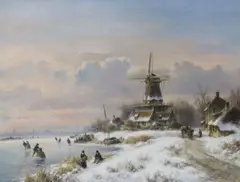Winter landscape with figures skating beside a windmill by Lodewijk Johannes Kleijn, oil on canvas, sold Mar 2022