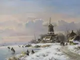 Winter landscape with figures skating beside a windmill by Lodewijk Johannes Kleijn, oil on canvas, sold Mar 2022