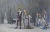 Queen Anne entreating Richard II to attempt the rescue of his old tutor, Sir Simon De Burly by Florence Elizabeth Maplestone, watercolour, sold Mar 2022
