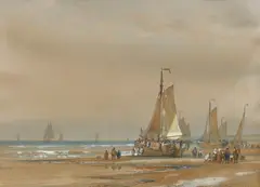 Dutch fisherfolk on the shore at low tide by Lodewijk Johannes Kleijn, watercolour, sold Mar 2022