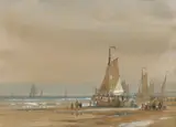 Dutch fisherfolk on the shore at low tide by Lodewijk Johannes Kleijn, watercolour, sold Mar 2022
