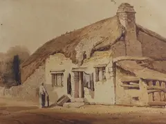Figure beside a thatched cottage by Samuel Prout, watercolour, sold Mar 2022