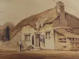 Figure beside a thatched cottage by Samuel Prout, watercolour, sold Mar 2022