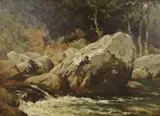 Across the stream by George Augustus Holmes, oil on paper, sold Mar 2022