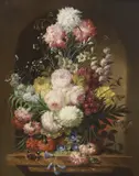 Still life of flowers in a vase on a ledge by Josef Steiner, oil on wood, sold Mar 2022