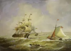 Man O'War and sailing vessels in a choppy sea by Jean Laurent, oil on panel, sold Mar 2022