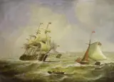 Man O'War and sailing vessels in a choppy sea by Jean Laurent, oil on panel, sold Mar 2022