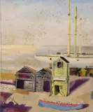 Coastal scene with yacht builders huts by Rowland Suddaby, 1938, oil on board, sold Mar 2022