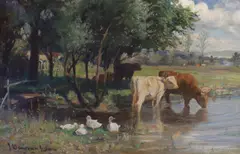 Cattle and ducks beside a stream by Joseph Denovan Adam, oil on canvas, sold Mar 2022