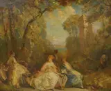 18th century ladies in gardens by Frederick Ballard Williams, oil on canvas, sold Mar 2022