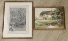 Ducks with thatched cottage by John Gutteridge Sykes, watercolour, sold Mar 2022