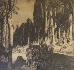 Figures on a tree lined road by Frank Brangwyn, etching, sold Mar 2022