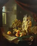 17th century still life of a carved ivory goblet by Gyula Bubarnik, oil on board, sold Mar 2022