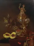 17th century style still life of a silver gilt nautilus cup by Gyula Bubarnik, oil on panel, sold Mar 2022