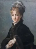 Half length portrait of a seated lady holding a fur coat oil on canvas signed 71 x 52cm Oil on canvas relined within the past 10 by Augustin Feyen-Perrin, Oil on canvas relined within the past, sold Mar 2022