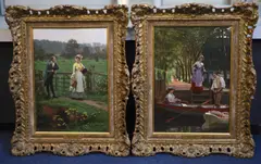 Where are you going my pretty Maid?’ & ‘Ways and Means’ oil on panel, a pair initialled and dated 1902/1903, 35 x 25cm by Edmund Blair Leighton, 1902, oil on panel, sold Mar 2022