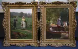 Where are you going my pretty Maid?’ & ‘Ways and Means’ oil on panel, a pair initialled and dated 1902/1903, 35 x 25cm by Edmund Blair Leighton, 1902, oil on panel, sold Mar 2022