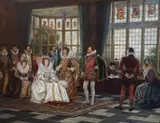 Queen Elizabeth and Drake’ oil on canvas signed and dated ‘42 60 x 75cm by Frank Moss Bennett, oil on canvas, sold Mar 2022