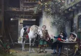 Cavaliers outside a hostelryoil on canvassigned and dated by Frank Moss Bennett, 1921, oil on canvas, sold Mar 2022