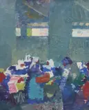 Fish market at Concarneauoil on boardLords Gallery label by Alfred Wolmark, 1913, oil on board, sold Mar 2022