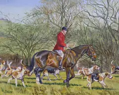 Setting out for a hunt by Reginald Llewellyn Harvey, oil on canvas, sold Mar 2022