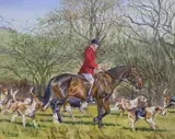 Setting out for a hunt by Reginald Llewellyn Harvey, oil on canvas, sold Mar 2022