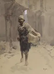 Street scene with Arab pedlar by John Hassall, watercolour, sold Mar 2022