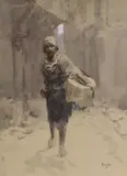 Street scene with Arab pedlar by John Hassall, watercolour, sold Mar 2022