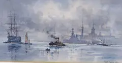 HMS Victory in Portsmouth harbour by Frank Wood, 1909, Wood, sold Mar 2022