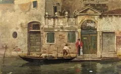 Venetian canal scene with gondolier, inscribed verso, 17.5 x 28cm, unframed by William Jobbins, oil on panel, sold Feb 2022