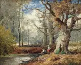 Figures beside a woodland stream by John Bates Noel, oil on canvas, sold Feb 2022