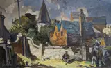 Village scene with figures beside a wall by Lesley Arthur Wilcox, oil on canvas, sold Feb 2022