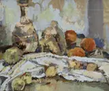 Table top still life with fruit and vessels by Clive McCartney, gouache on paper, sold Feb 2022
