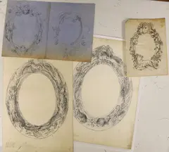 Designs for mirror frames, 28 x 20cm and 15 x 11cm and 16 x 24cm, unframed and initialled by Hannah Barlow, ink and pencil, sold Feb 2022