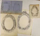 Designs for mirror frames, 28 x 20cm and 15 x 11cm and 16 x 24cm, unframed and initialled by Hannah Barlow, ink and pencil, sold Feb 2022