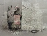 Two Women - Castro Diare Portugal by Christopher Hall, 1982, ink and pastel, offered Feb 2022