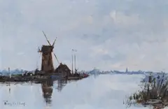 Windmill on Norfolk Broads by Roy Petley, oil on canvas, sold Feb 2022