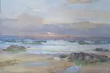 Beach scene at sunset by Edmund Gouldsmith, watercolour, sold Feb 2022