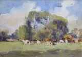 Cattle in a meadow by Oswald Partridge Milne, watercolour, sold Feb 2022