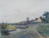 Landscape with angler and windmill by Albert Kinsley, watercolour, offered Feb 2022