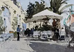 Pavement cafe by John Yardley, watercolour, sold Feb 2022