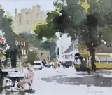 Street scene with castle beyond, 30 x 35cm by John Yardley, watercolour, sold Feb 2022