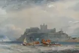 Bamburgh Castle from the sea, 29 x 42.5cm by F. Grafton, watercolour, sold Feb 2022