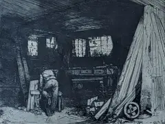 Carpenter in a workshop by Fred Cecil Jones, 1914, etching, sold Feb 2022