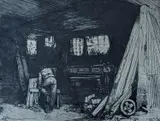 Carpenter in a workshop by Fred Cecil Jones, 1914, etching, sold Feb 2022