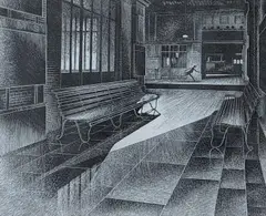 Station interior by James Taylor Dolby, 1952, etching, sold Feb 2022