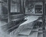 Station interior by James Taylor Dolby, 1952, etching, sold Feb 2022