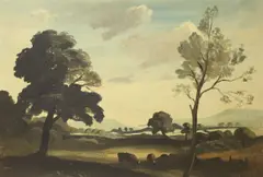Distant Downs, exhibition label verso, 35 x 50cm by Philip Hugh Padwick, oil on Board, sold Feb 2022